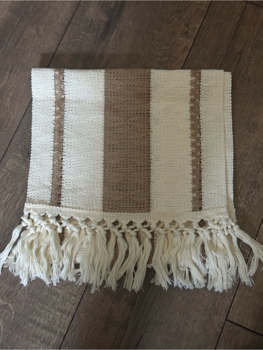 Boho Macreme table runner woven cotton/burlap linen with knotted tassel fringe